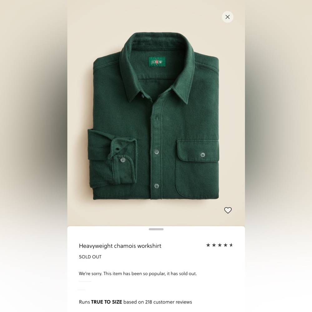 NEW. Men’s Medium J. Crew Heavyweight Chamois Workshirt in “Hunting” Green